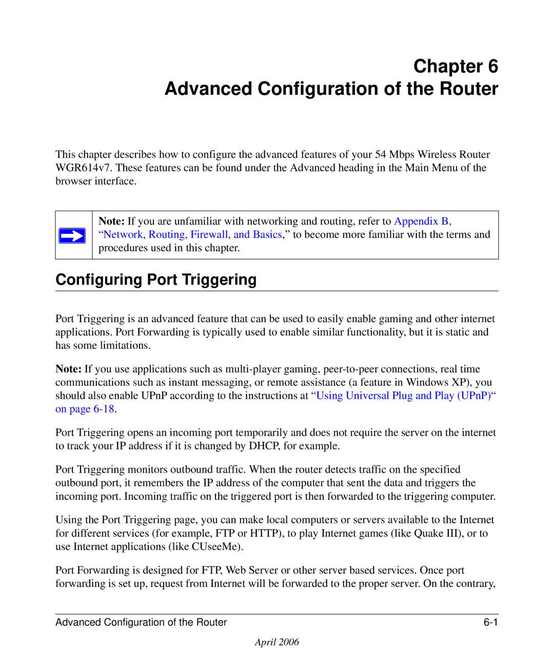 NETGEAR WGR614v7 manual Advanced Configuration of the Router, Configuring Port Triggering 