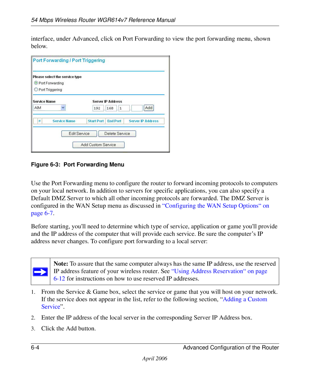 NETGEAR WGR614v7 manual Port Forwarding Menu 