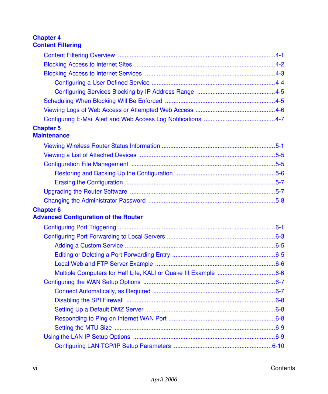 NETGEAR WGR614v7 manual Chapter Content Filtering 