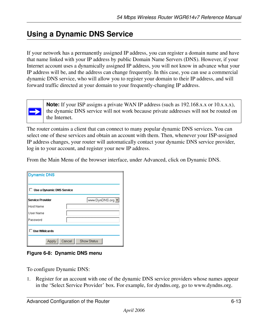 NETGEAR WGR614v7 manual Using a Dynamic DNS Service, Dynamic DNS menu 