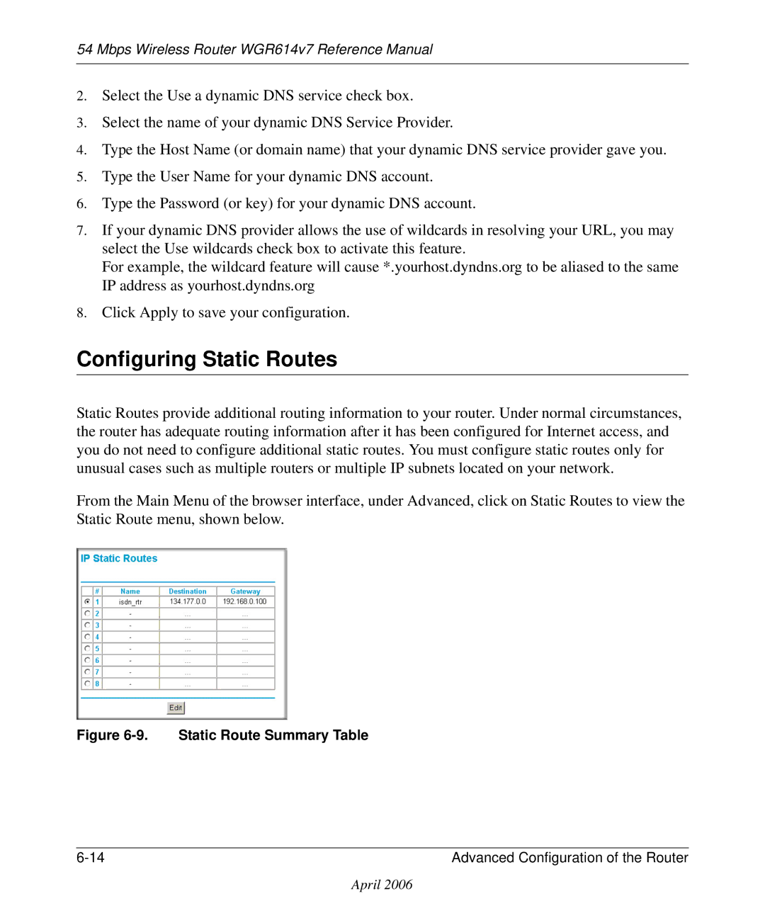 NETGEAR WGR614v7 manual Configuring Static Routes, Static Route Summary Table 