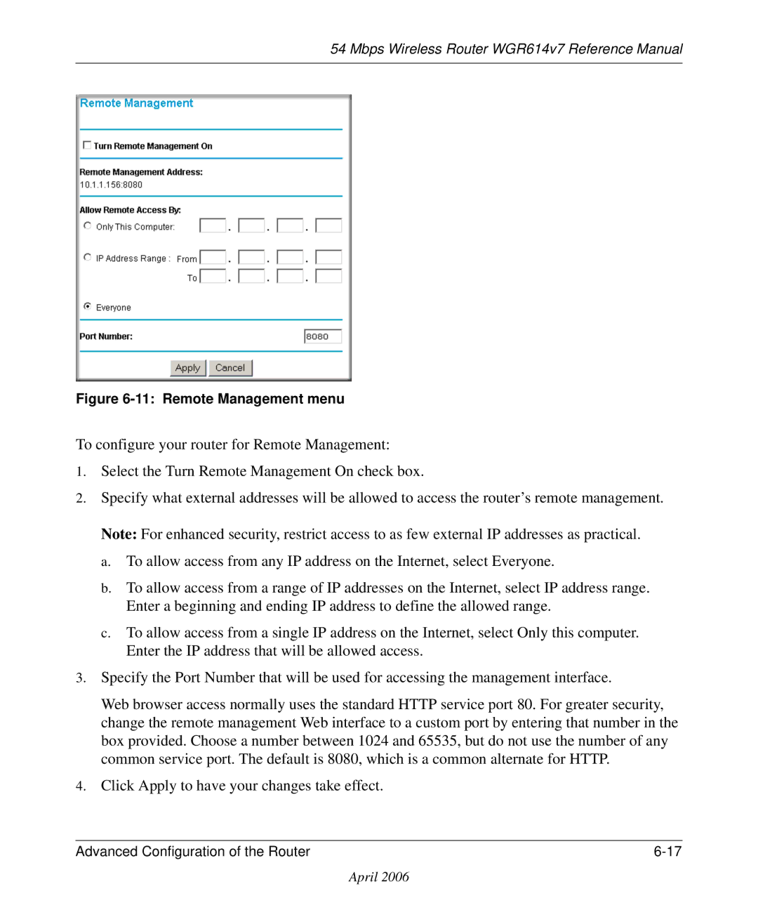 NETGEAR WGR614v7 manual Remote Management menu 