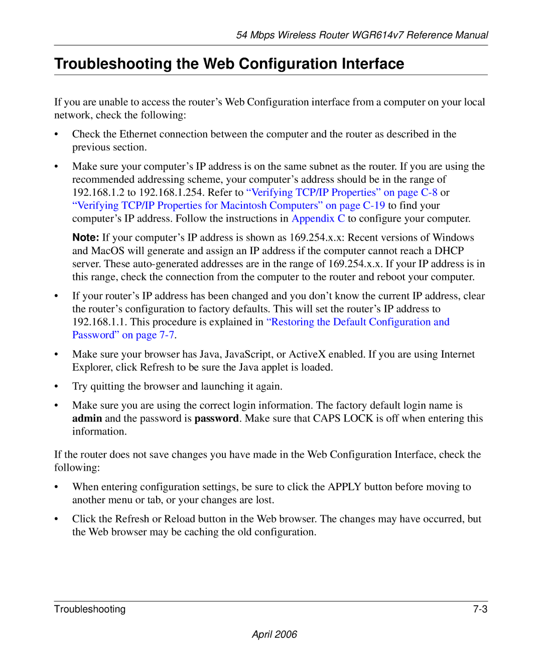 NETGEAR WGR614v7 manual Troubleshooting the Web Configuration Interface 