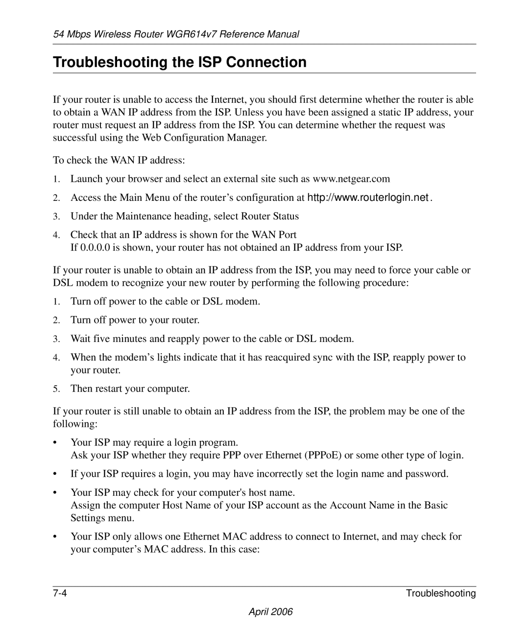 NETGEAR WGR614v7 manual Troubleshooting the ISP Connection 