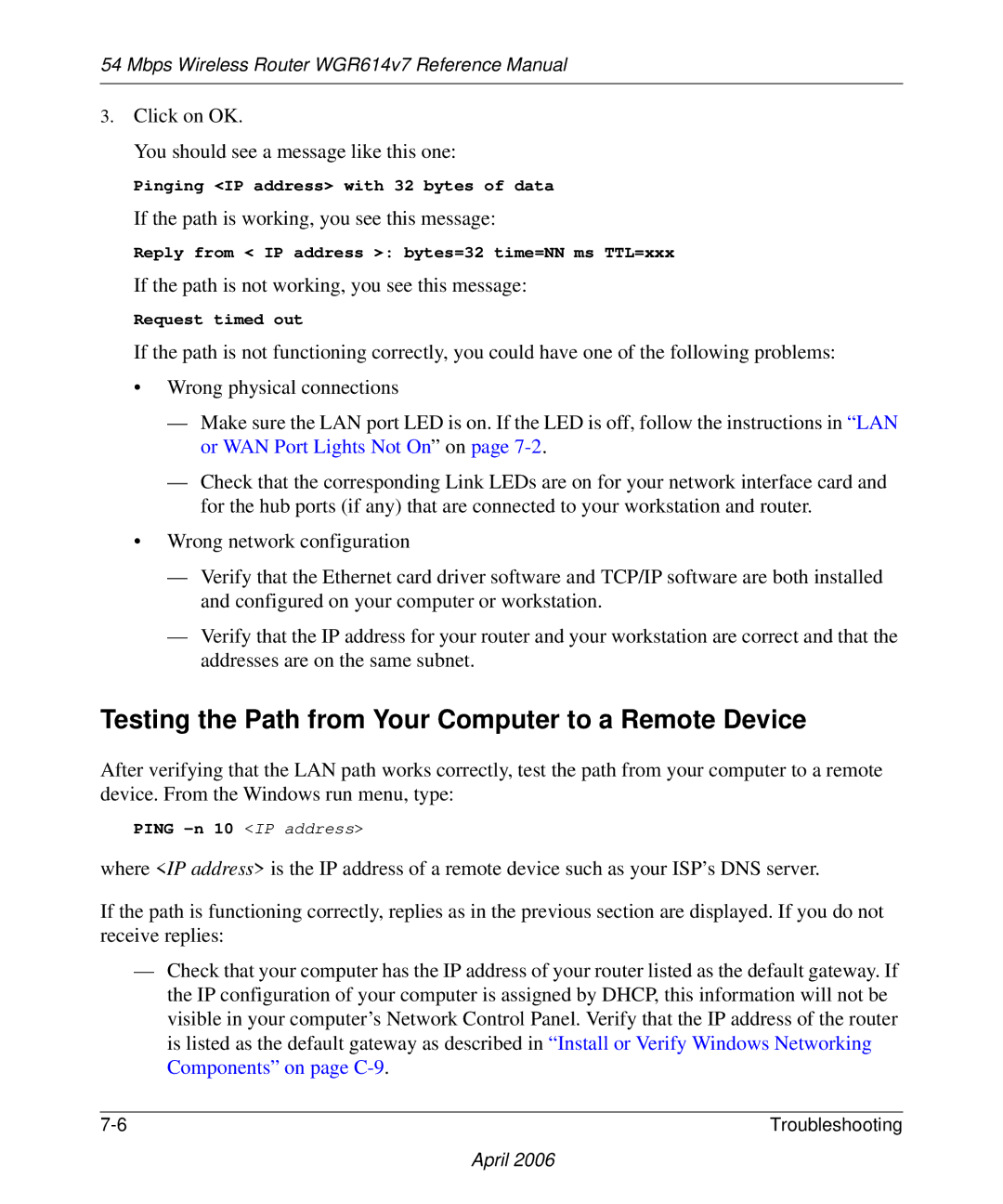 NETGEAR WGR614v7 manual Testing the Path from Your Computer to a Remote Device 