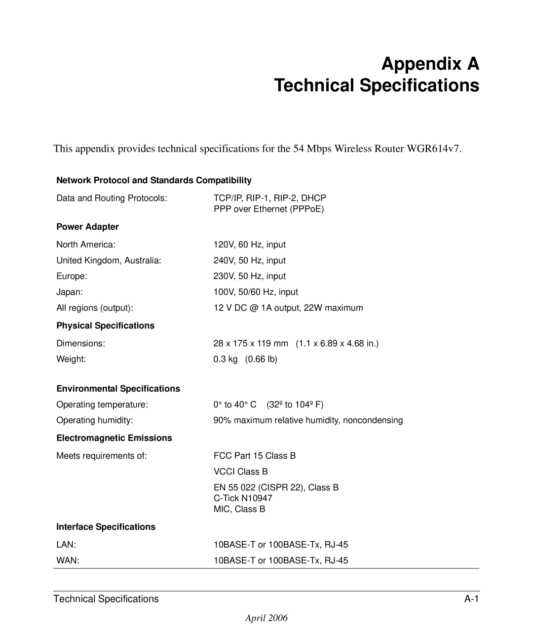 NETGEAR WGR614v7 manual Appendix a Technical Specifications, Power Adapter 