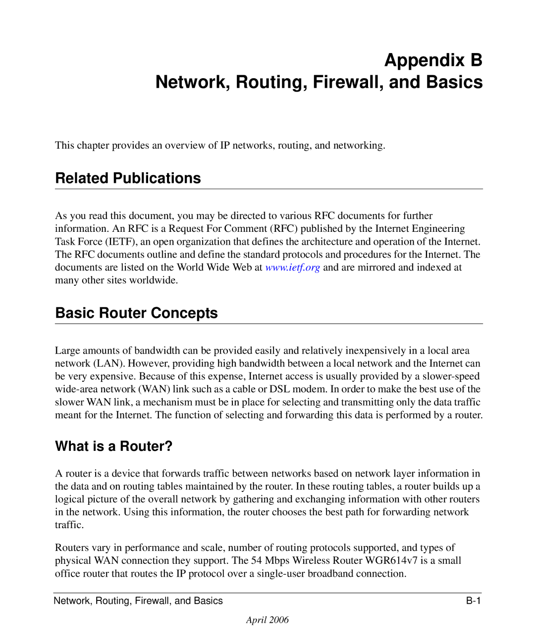 NETGEAR WGR614v7 manual Appendix B Network, Routing, Firewall, and Basics, Related Publications Basic Router Concepts 