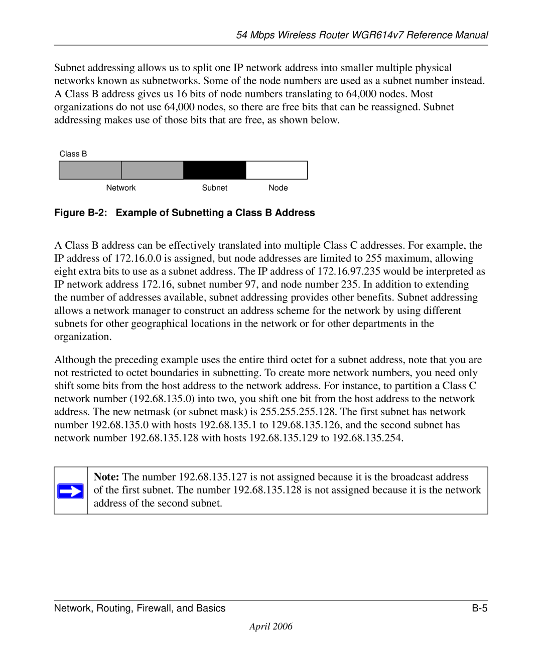 NETGEAR WGR614v7 manual Figure B-2 Example of Subnetting a Class B Address 