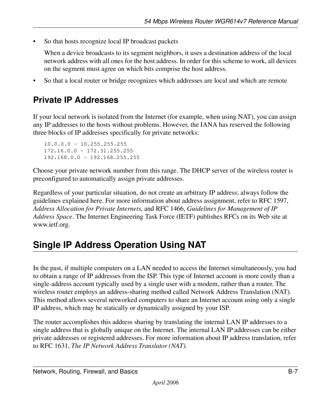 NETGEAR WGR614v7 manual Single IP Address Operation Using NAT, Private IP Addresses 