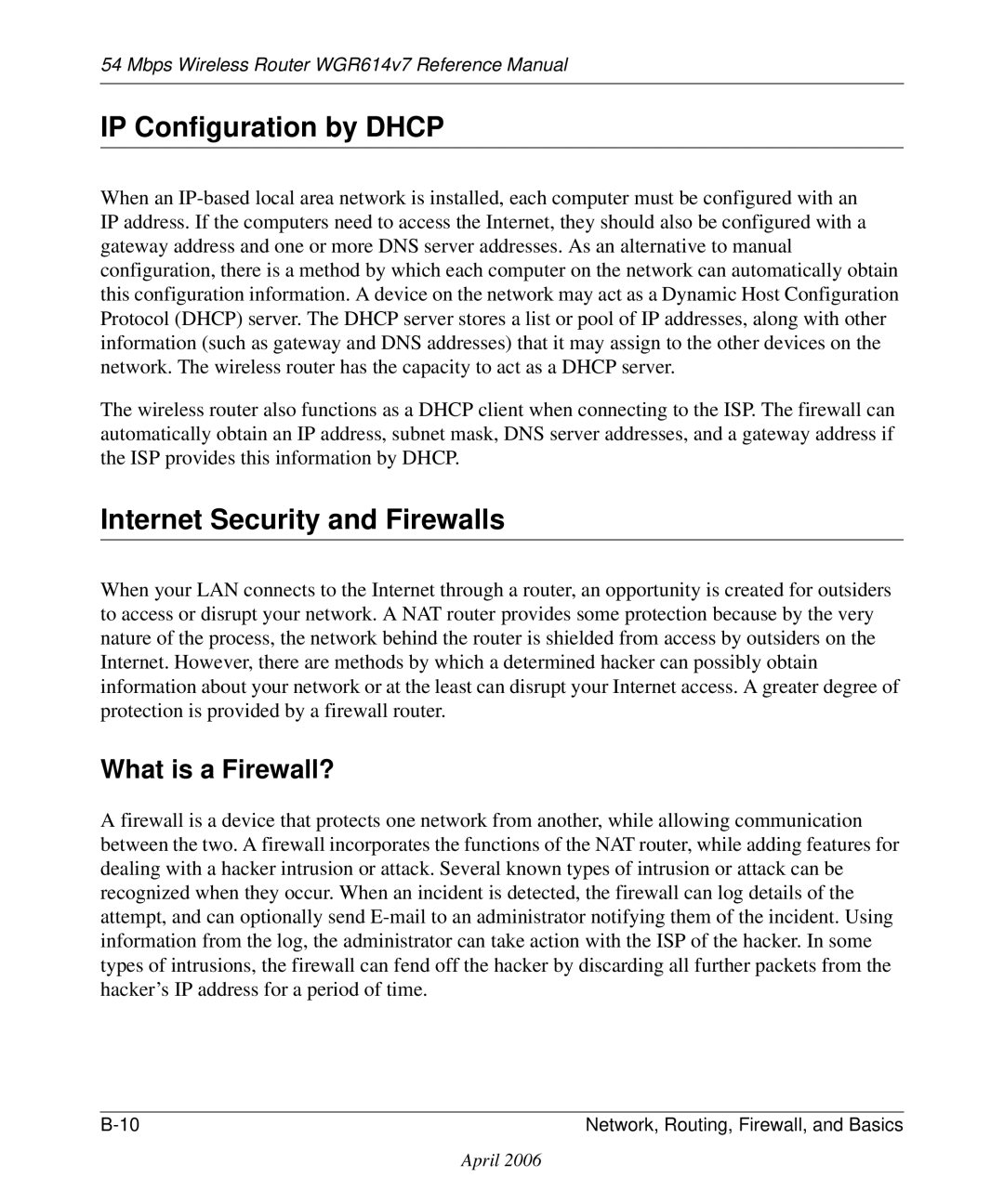 NETGEAR WGR614v7 manual IP Configuration by Dhcp, Internet Security and Firewalls, What is a Firewall? 