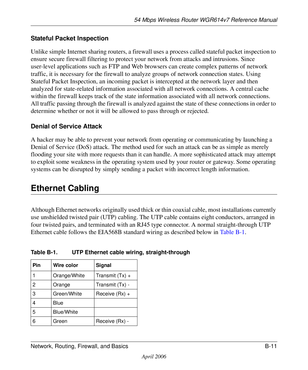 NETGEAR WGR614v7 manual Ethernet Cabling, Stateful Packet Inspection 