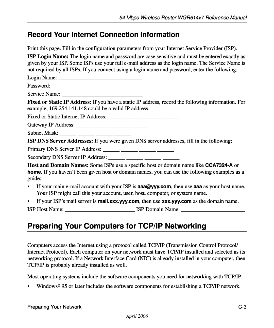 NETGEAR WGR614v7 manual Preparing Your Computers for TCP/IP Networking, Record Your Internet Connection Information 