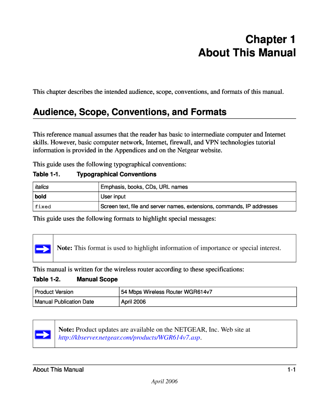 NETGEAR WGR614v7 manual Chapter About This Manual, Audience, Scope, Conventions, and Formats 