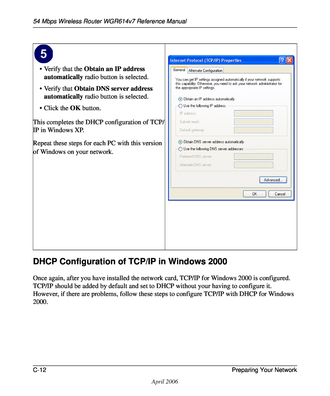 NETGEAR WGR614v7 manual DHCP Configuration of TCP/IP in Windows 