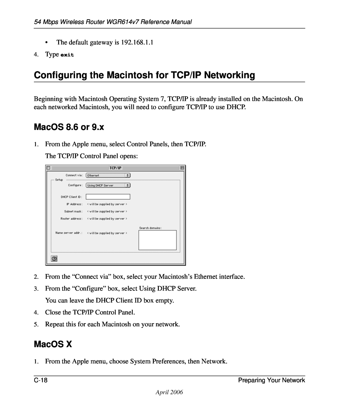 NETGEAR WGR614v7 manual Configuring the Macintosh for TCP/IP Networking, MacOS 8.6 or 