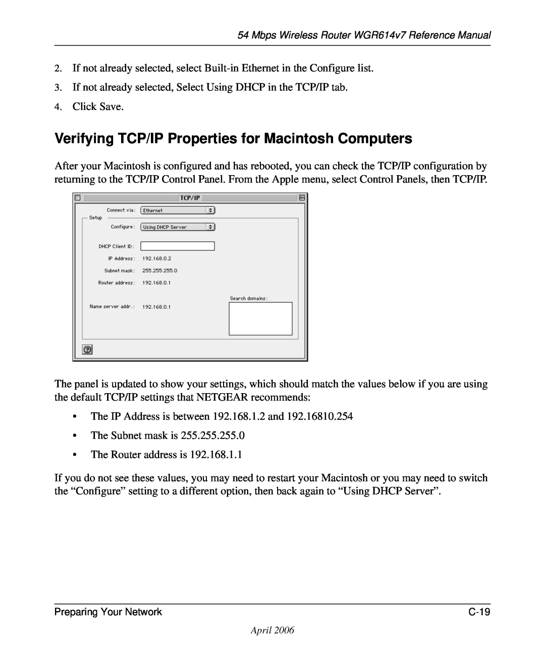 NETGEAR WGR614v7 manual Verifying TCP/IP Properties for Macintosh Computers 