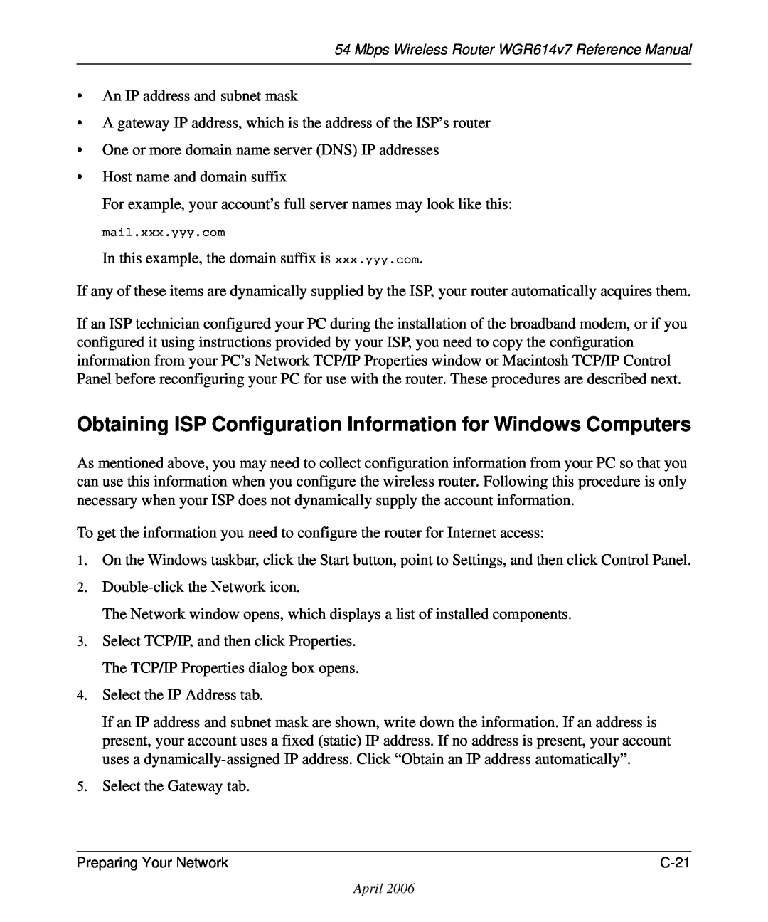 NETGEAR WGR614v7 manual Obtaining ISP Configuration Information for Windows Computers, mail.xxx.yyy.com 