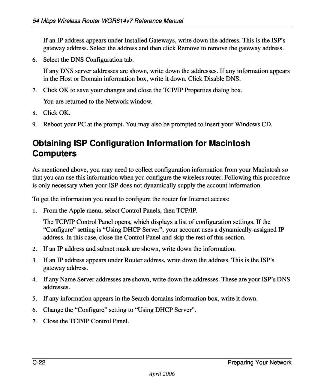 NETGEAR WGR614v7 manual Obtaining ISP Configuration Information for Macintosh Computers 