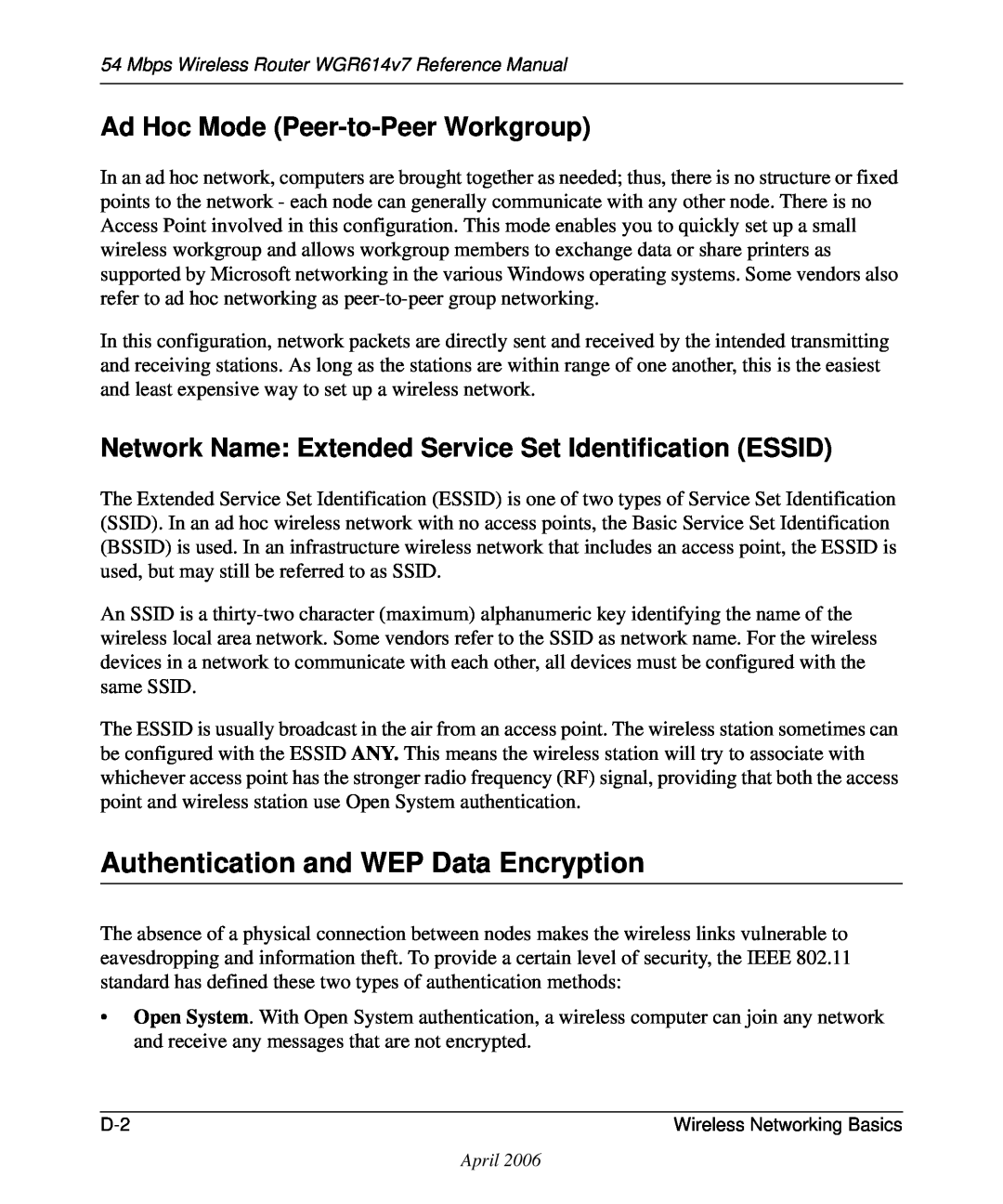 NETGEAR WGR614v7 manual Authentication and WEP Data Encryption, Ad Hoc Mode Peer-to-Peer Workgroup 