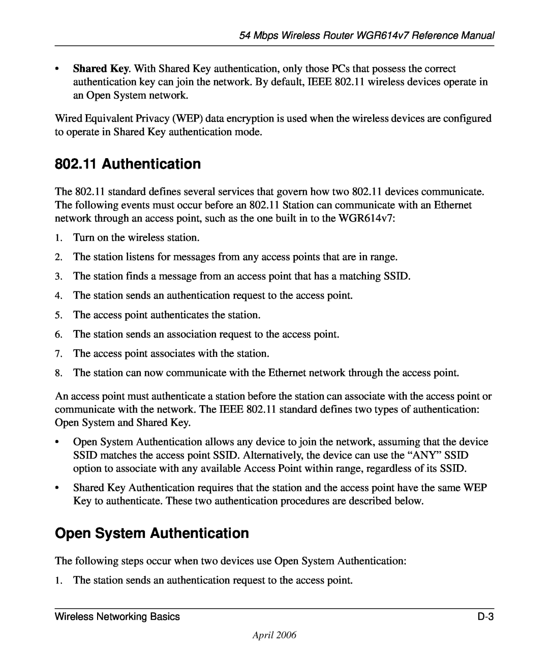 NETGEAR WGR614v7 manual Open System Authentication 