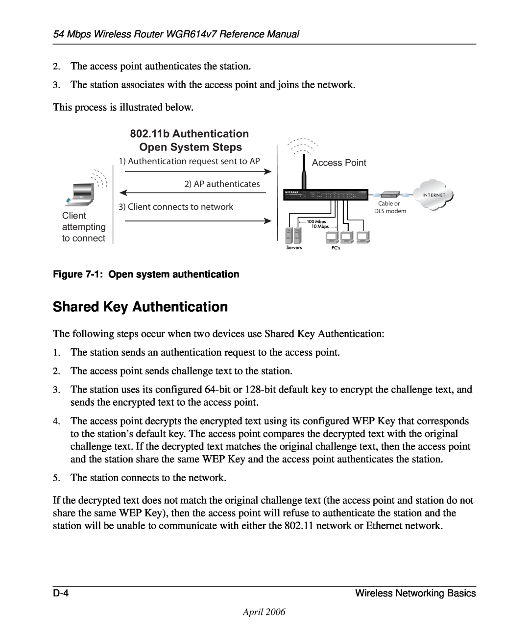 NETGEAR WGR614v7 manual 802.11b Authentication Open System Steps 