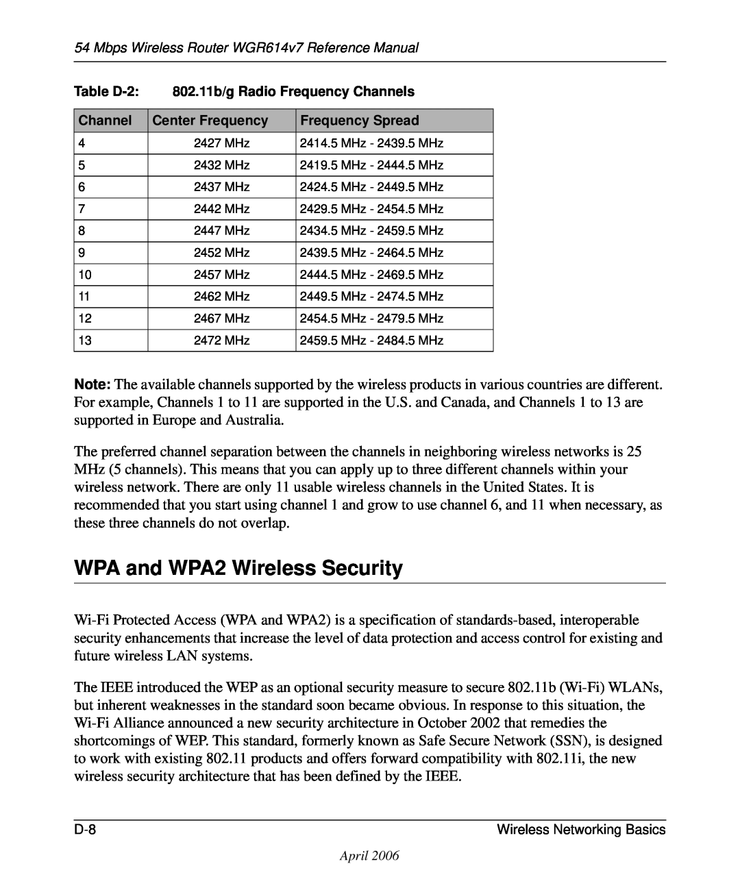NETGEAR WGR614v7 manual WPA and WPA2 Wireless Security 