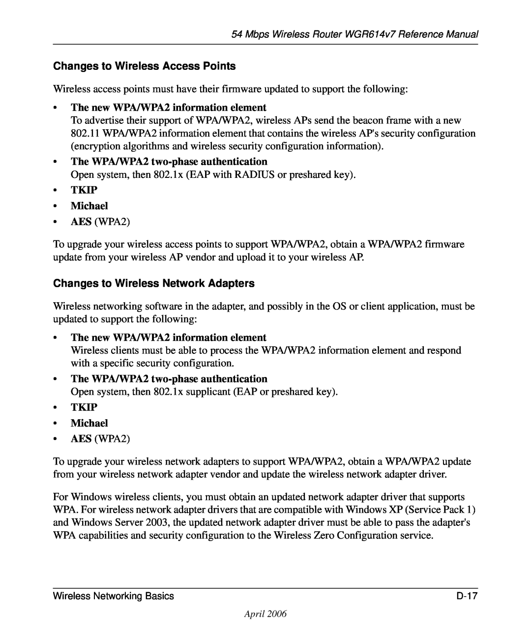 NETGEAR WGR614v7 manual Changes to Wireless Access Points, The new WPA/WPA2 information element, TKIP Michael 