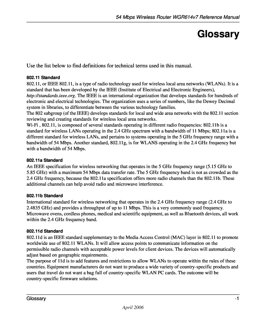 NETGEAR manual Glossary, Mbps Wireless Router WGR614v7 Reference Manual, April 