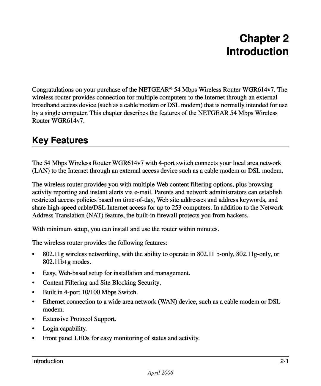 NETGEAR WGR614v7 manual Chapter Introduction, Key Features 