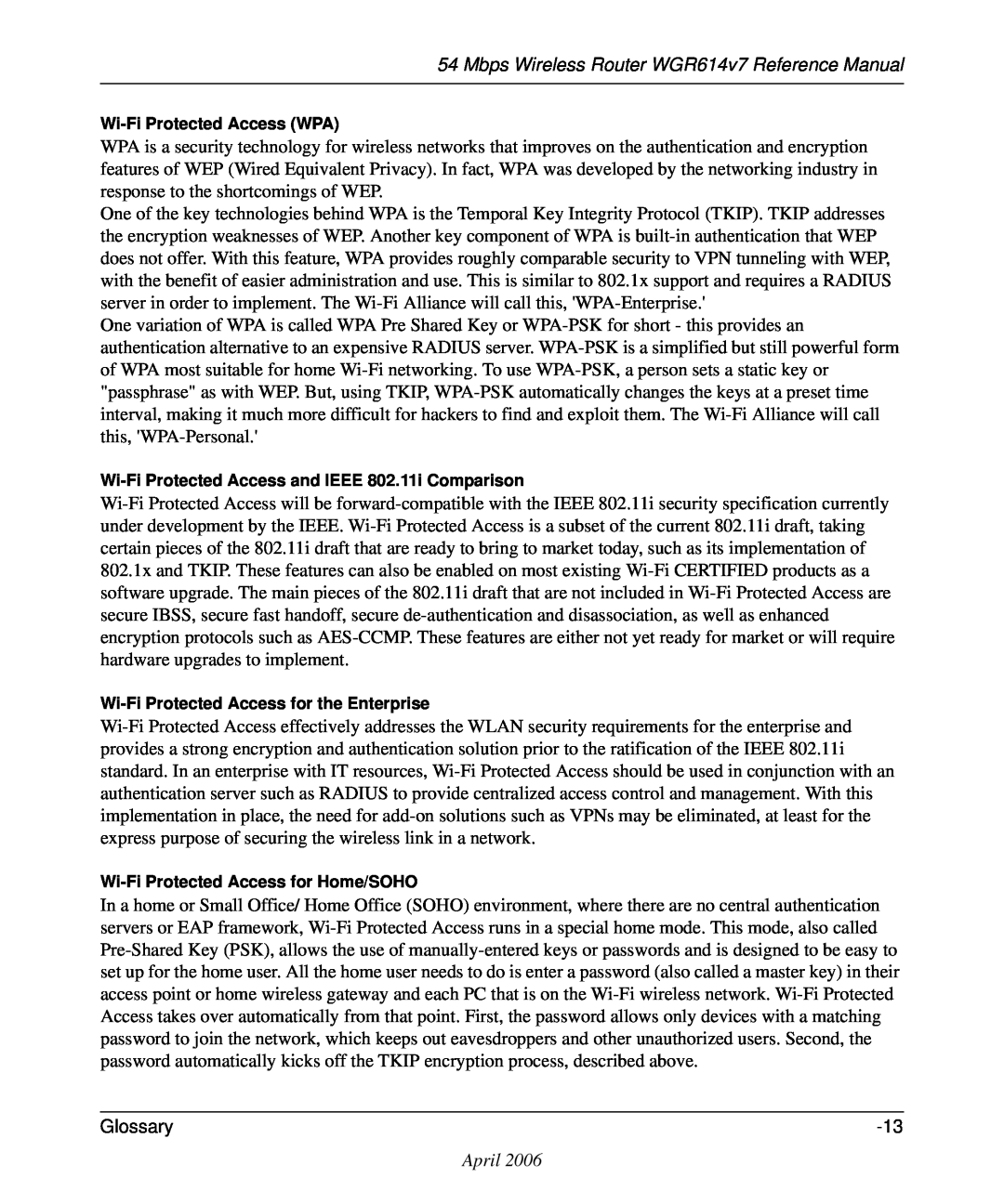 NETGEAR manual Mbps Wireless Router WGR614v7 Reference Manual, April, Wi-Fi Protected Access WPA 