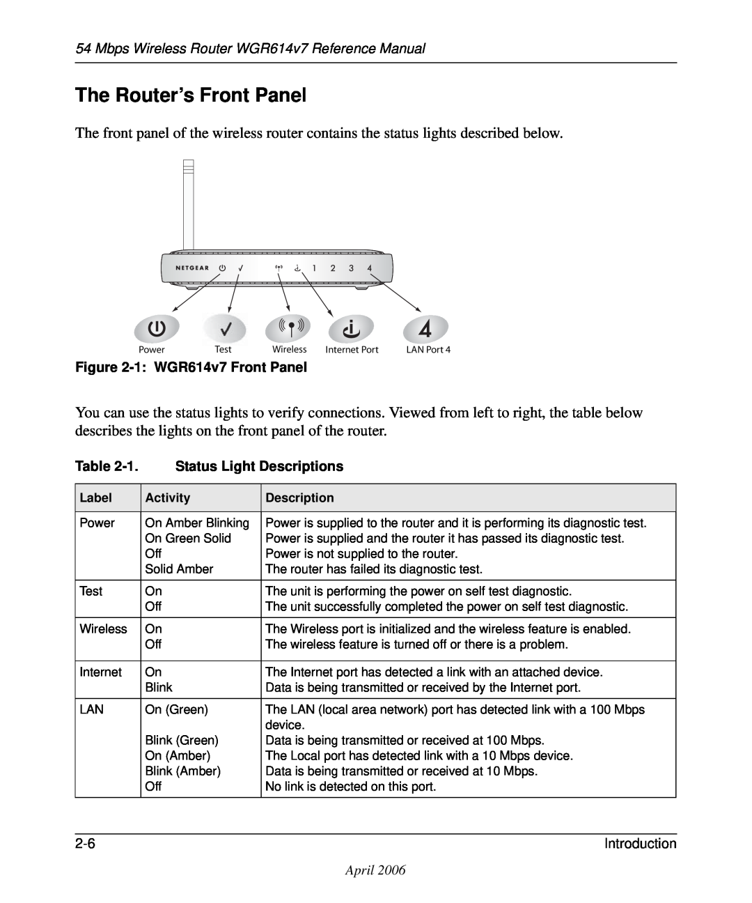 NETGEAR manual The Router’s Front Panel, 1 WGR614v7 Front Panel, Status Light Descriptions 