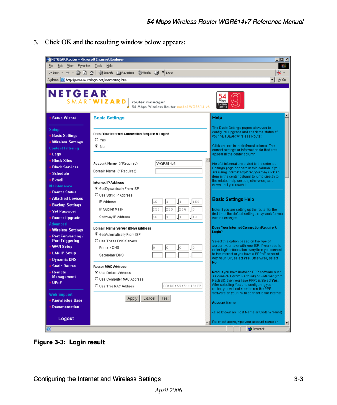 NETGEAR Click OK and the resulting window below appears, Mbps Wireless Router WGR614v7 Reference Manual, 3 Login result 