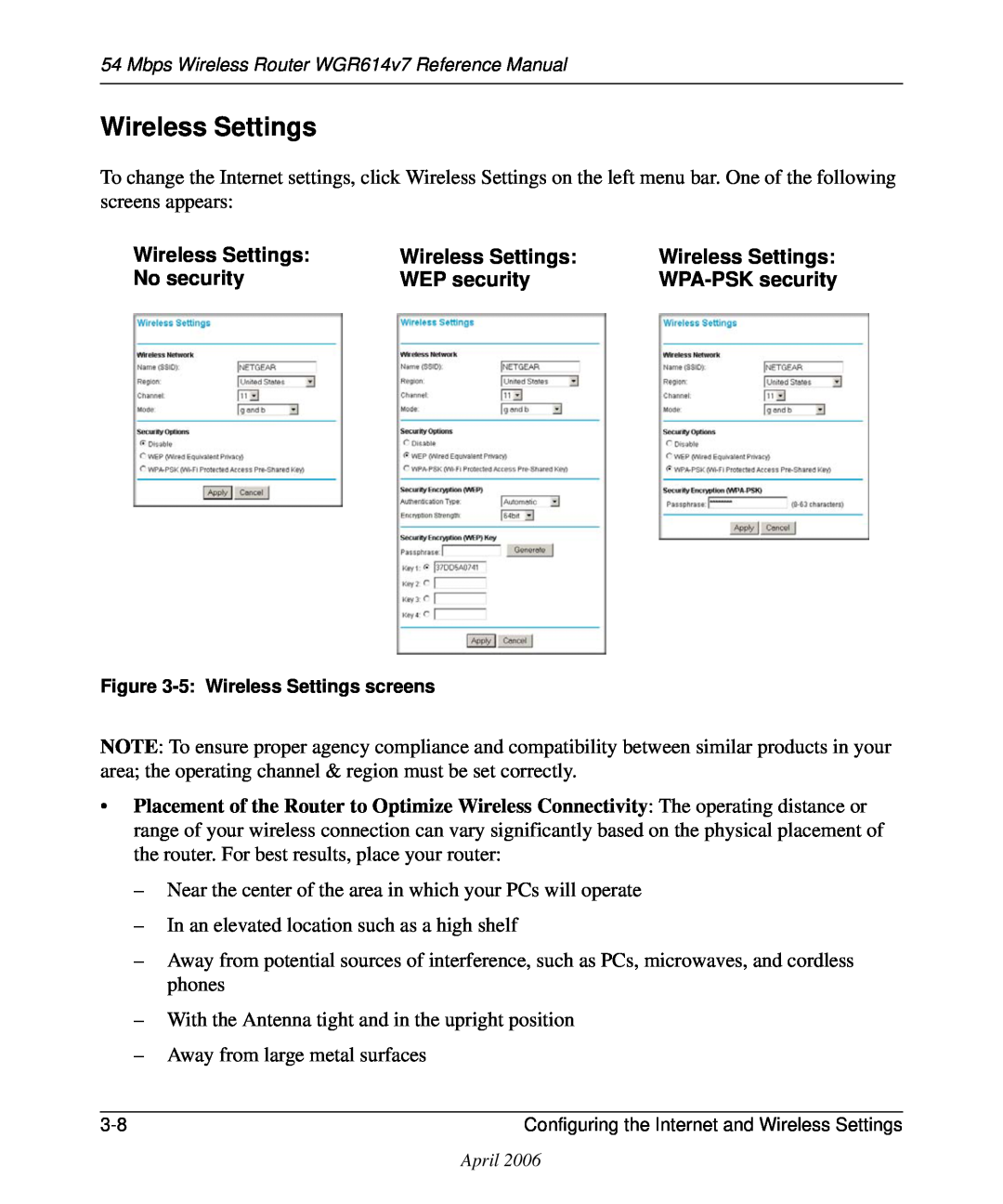 NETGEAR WGR614v7 manual Wireless Settings, No security, WEP security, WPA-PSK security 