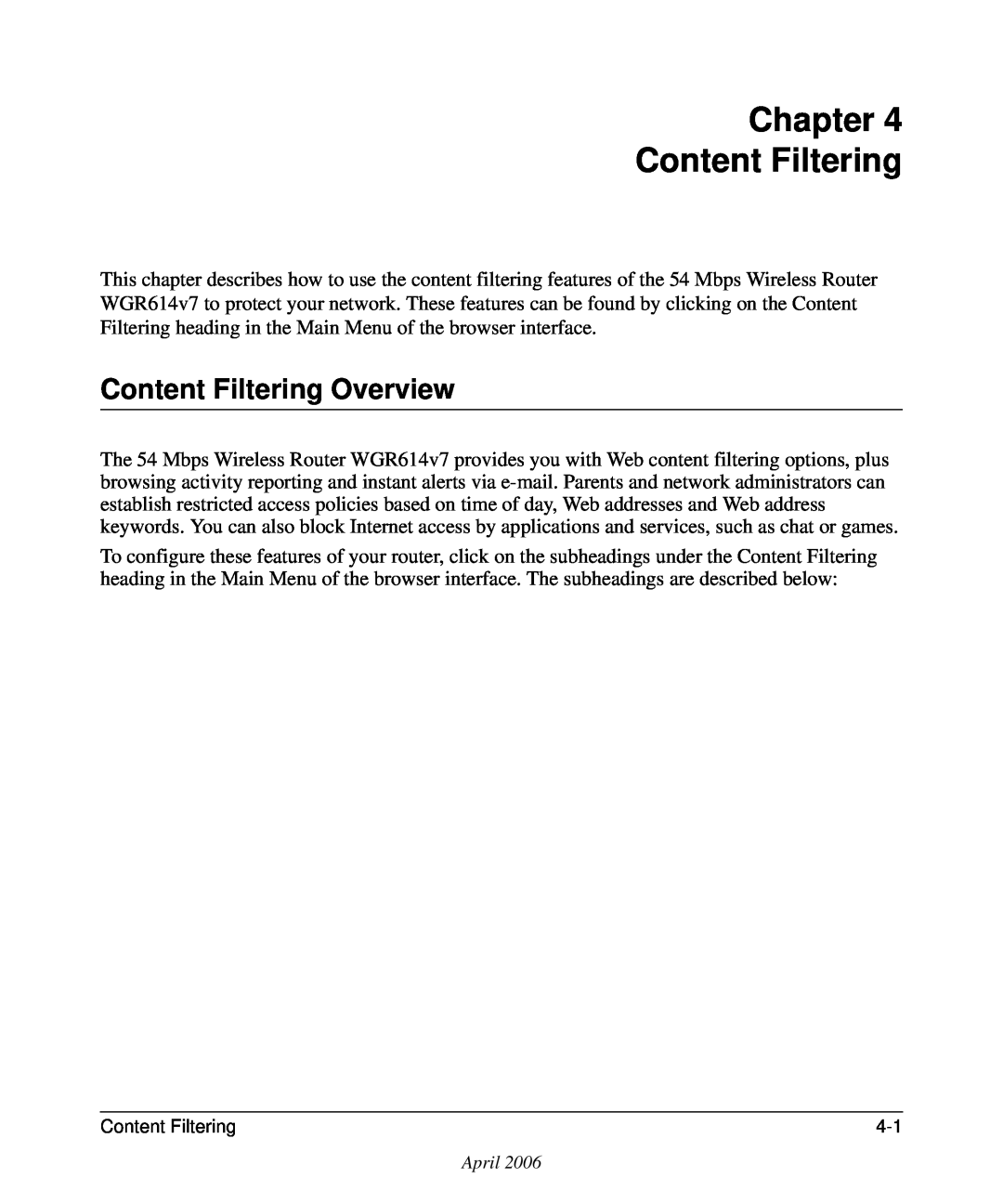 NETGEAR WGR614v7 manual Chapter Content Filtering, Content Filtering Overview 