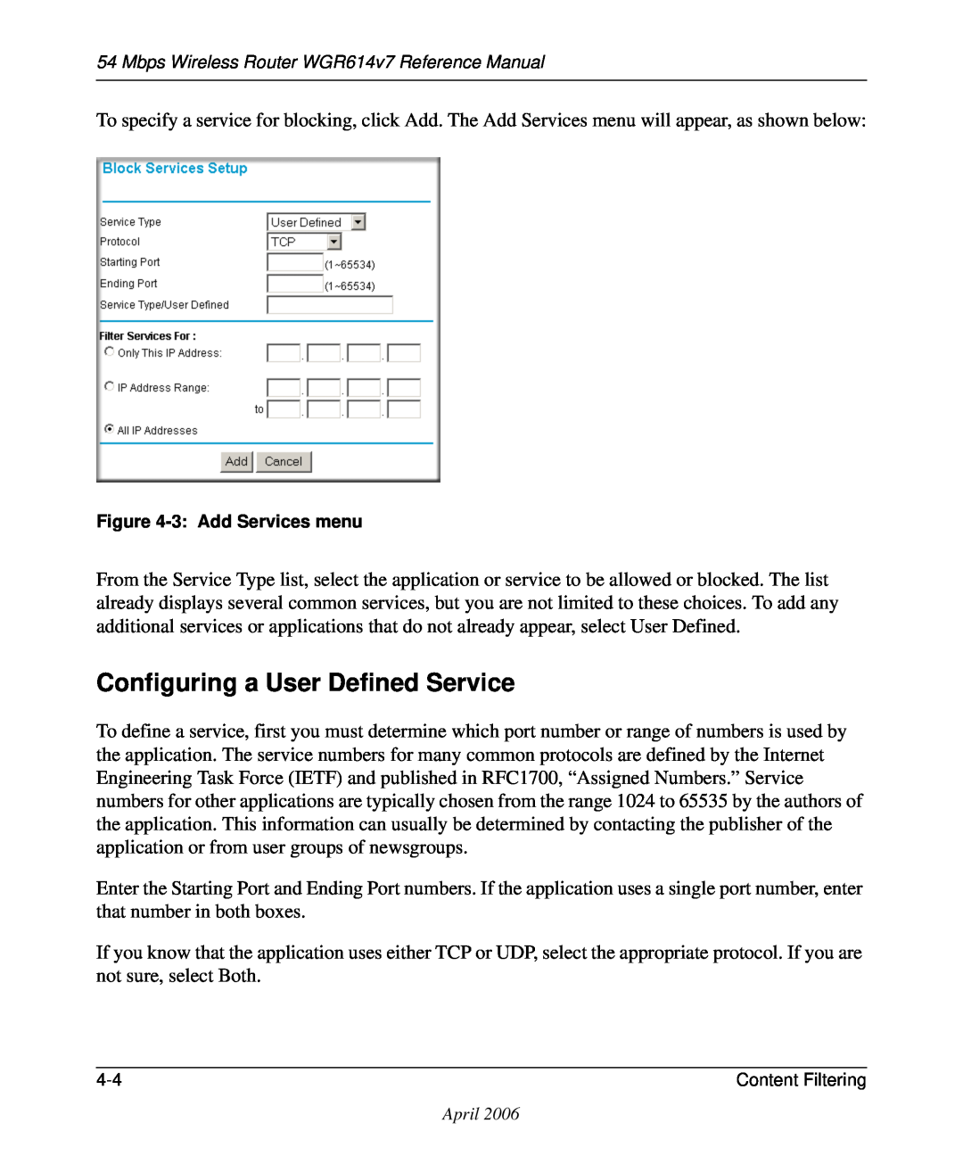 NETGEAR WGR614v7 manual Configuring a User Defined Service, 3 Add Services menu 