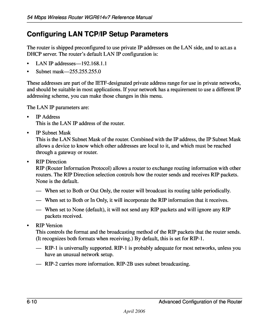 NETGEAR WGR614v7 manual Configuring LAN TCP/IP Setup Parameters 