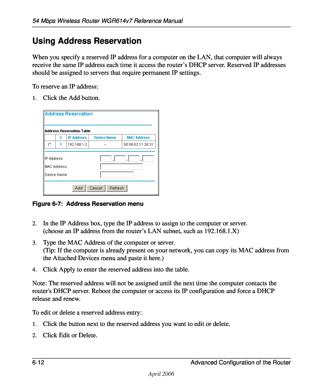 NETGEAR WGR614v7 manual Using Address Reservation, 7 Address Reservation menu 