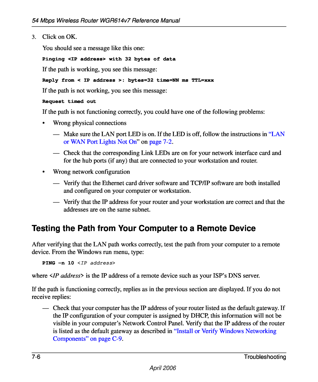 NETGEAR WGR614v7 manual Testing the Path from Your Computer to a Remote Device 