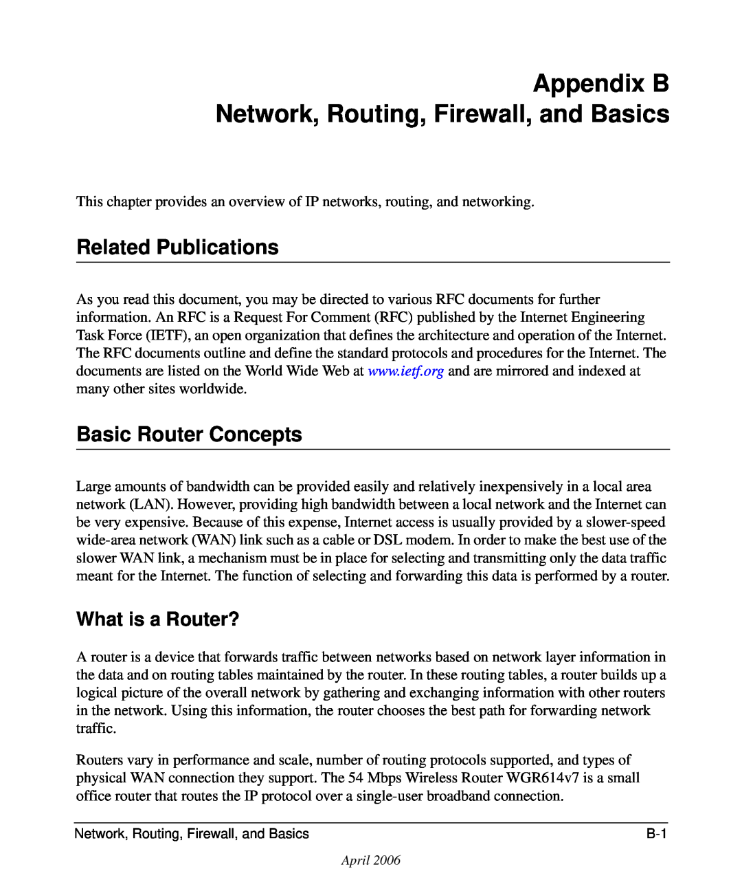 NETGEAR WGR614v7 manual Appendix B Network, Routing, Firewall, and Basics, Related Publications, Basic Router Concepts 