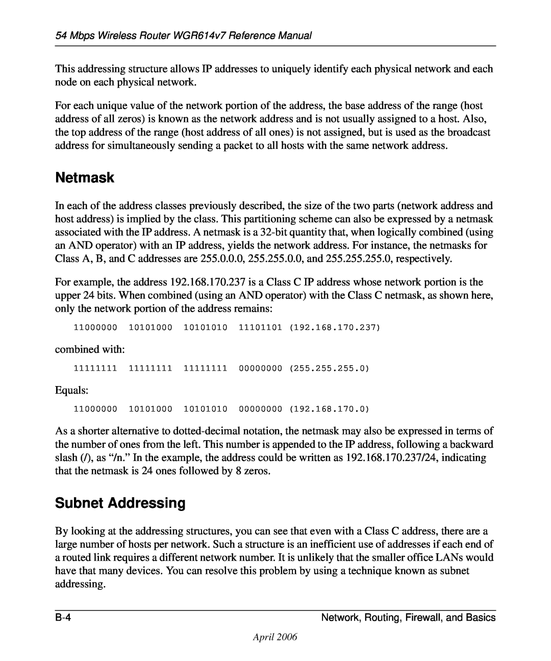 NETGEAR WGR614v7 manual Netmask, Subnet Addressing 