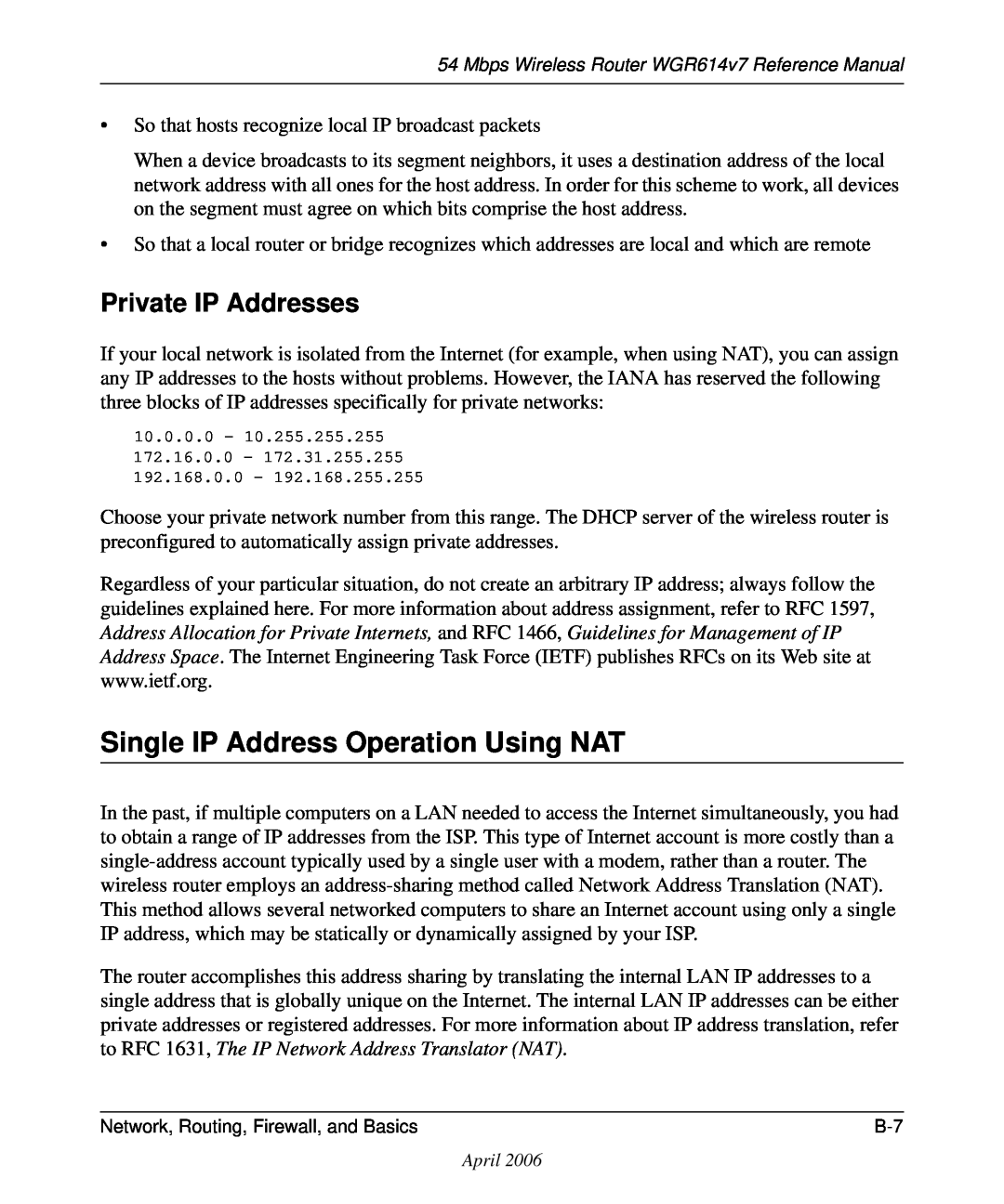 NETGEAR WGR614v7 manual Single IP Address Operation Using NAT, Private IP Addresses 