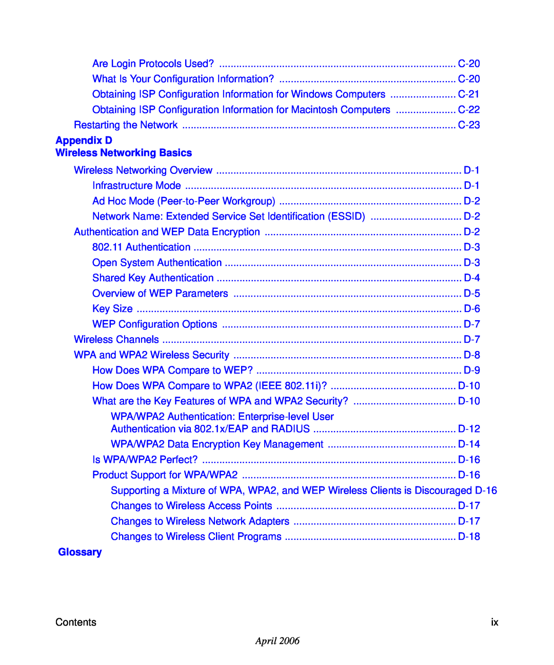 NETGEAR WGR614v7 manual Appendix D, Wireless Networking Basics, Glossary, Contents, April 