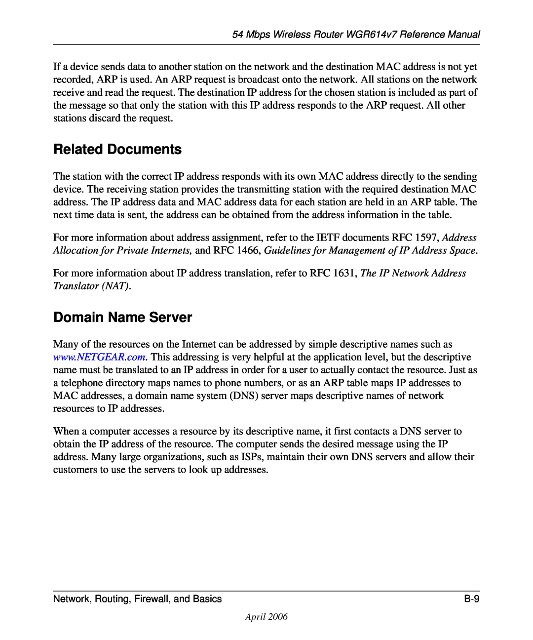 NETGEAR WGR614v7 manual Related Documents, Domain Name Server 