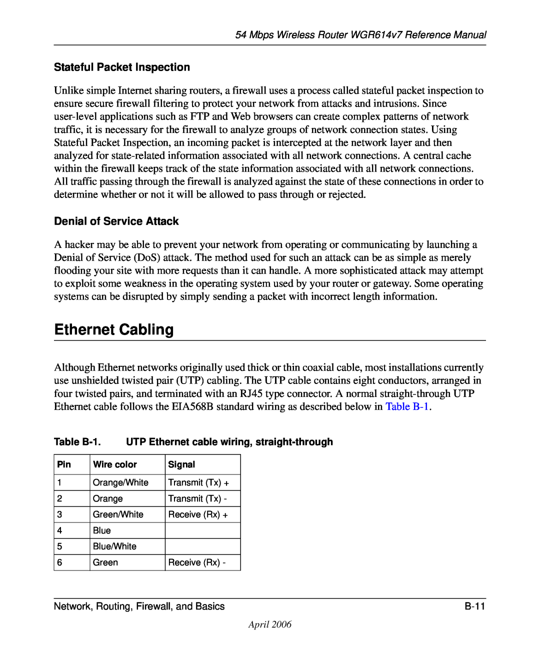NETGEAR WGR614v7 manual Ethernet Cabling, Stateful Packet Inspection, Denial of Service Attack 
