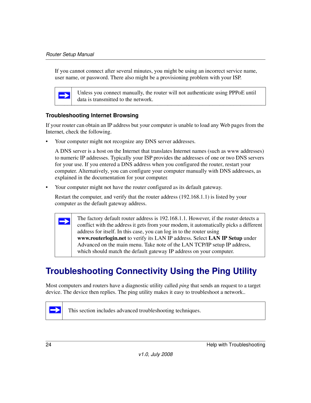 NETGEAR WGR614v9 manual Troubleshooting Connectivity Using the Ping Utility, Troubleshooting Internet Browsing 