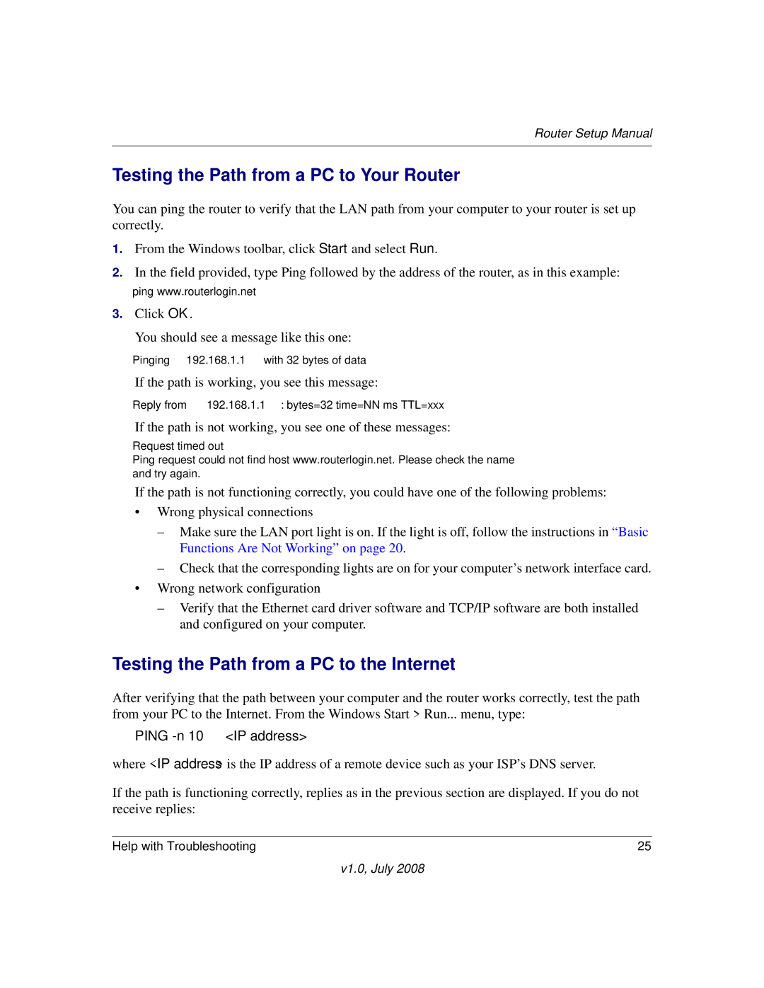 NETGEAR WGR614v9 manual Testing the Path from a PC to Your Router, Testing the Path from a PC to the Internet 