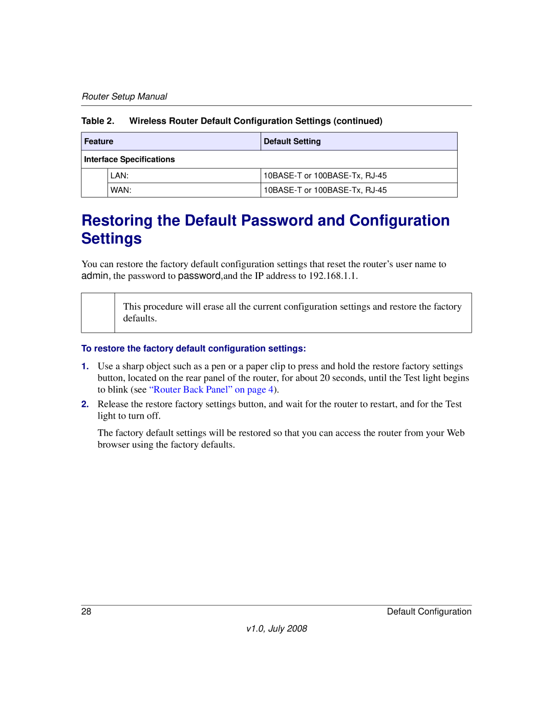 NETGEAR WGR614v9 manual Restoring the Default Password and Configuration Settings 