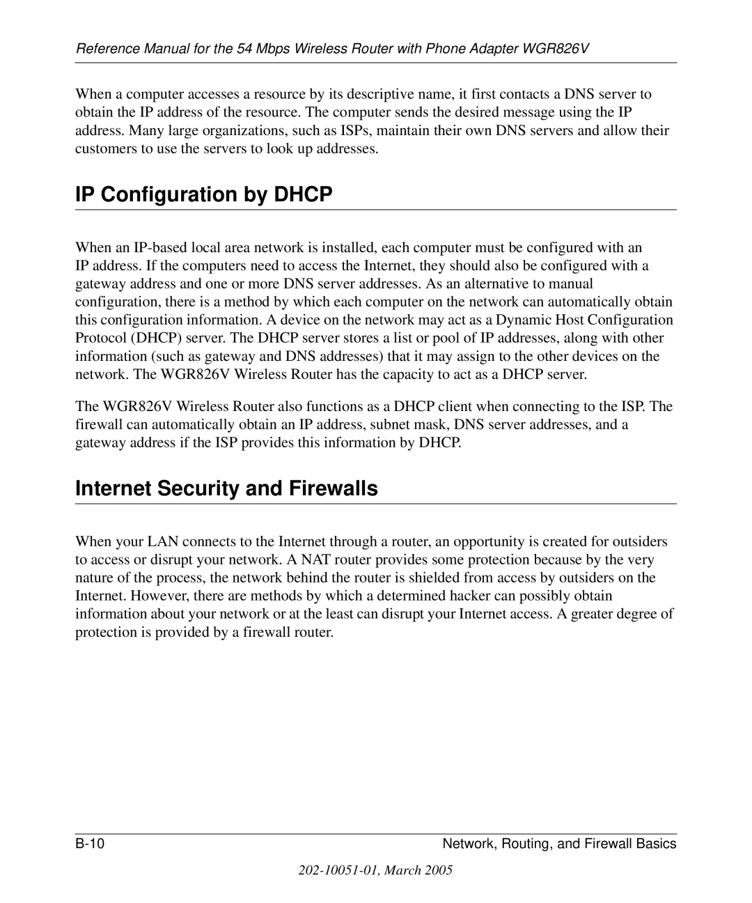 NETGEAR WGR826V manual IP Configuration by Dhcp, Internet Security and Firewalls 