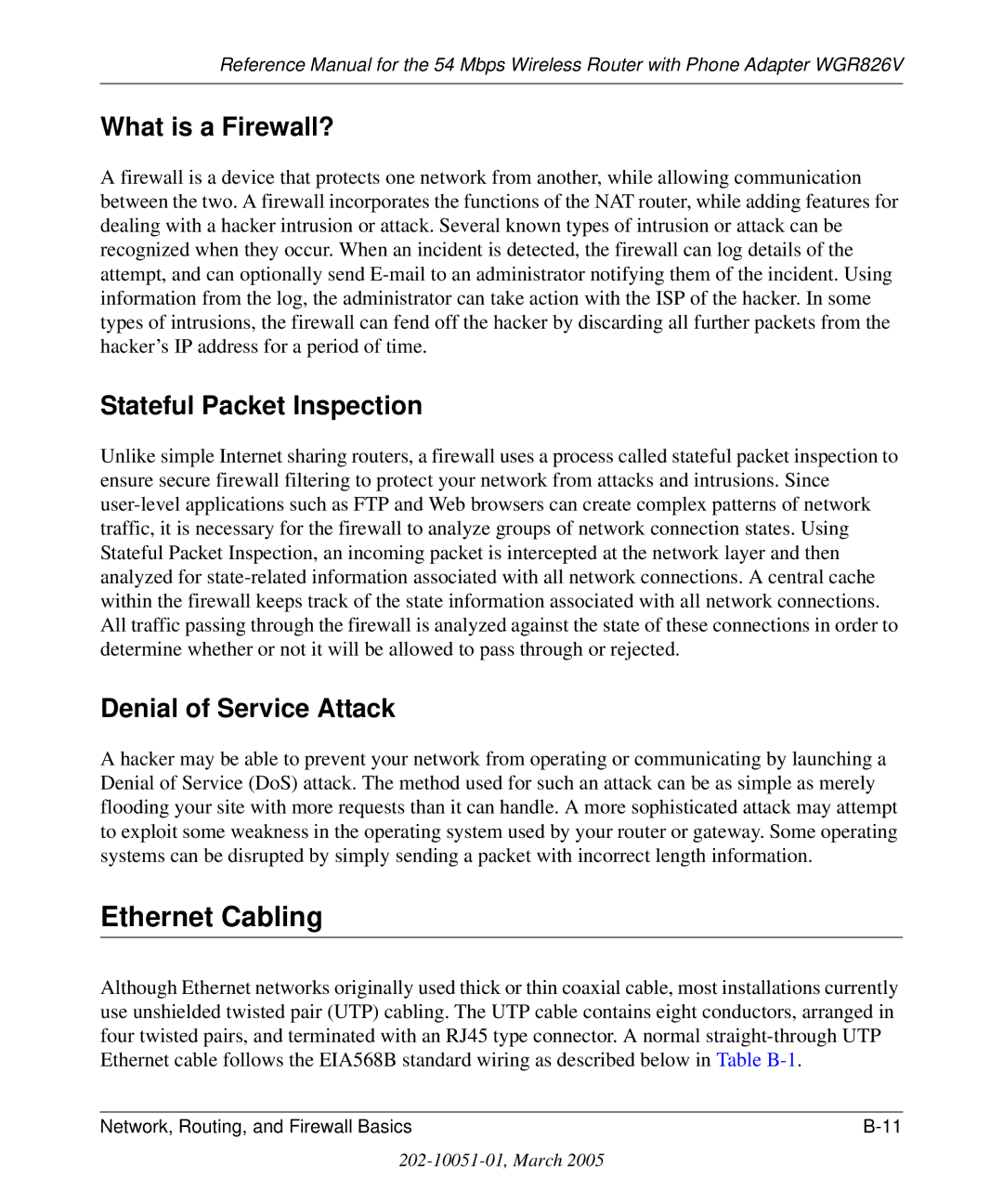 NETGEAR WGR826V manual Ethernet Cabling, What is a Firewall?, Stateful Packet Inspection, Denial of Service Attack 