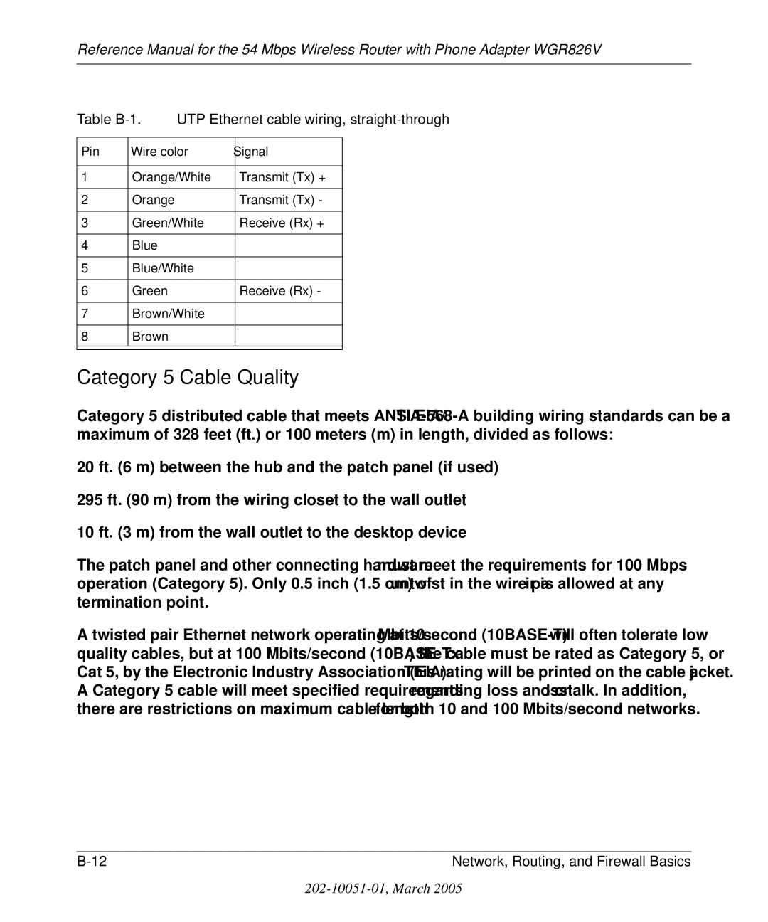 NETGEAR WGR826V manual Category 5 Cable Quality, Table B-1 UTP Ethernet cable wiring, straight-through 